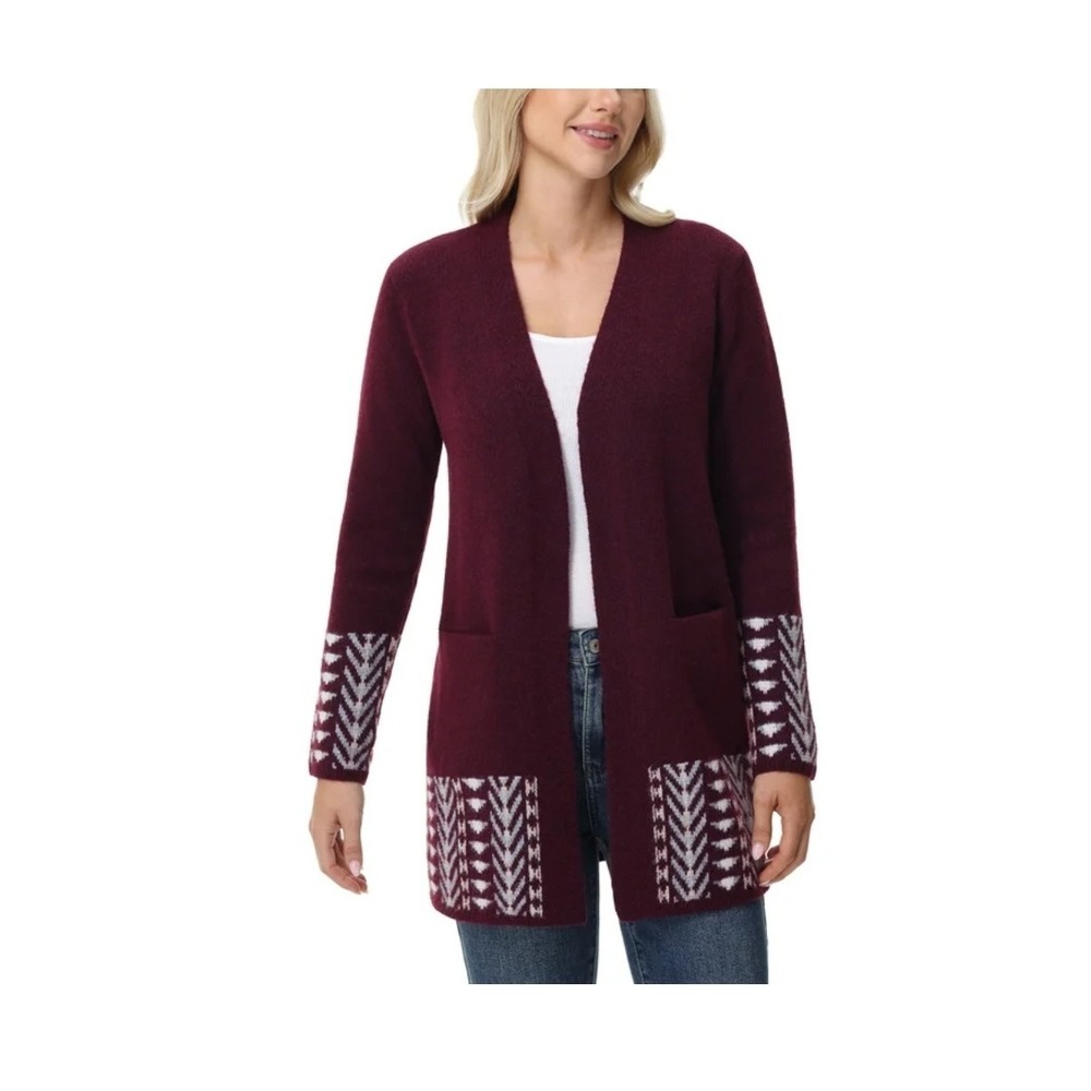 Frye Open Front Cardigan w/ front pockets, Burgundy, Nordic, Women's‎ XL